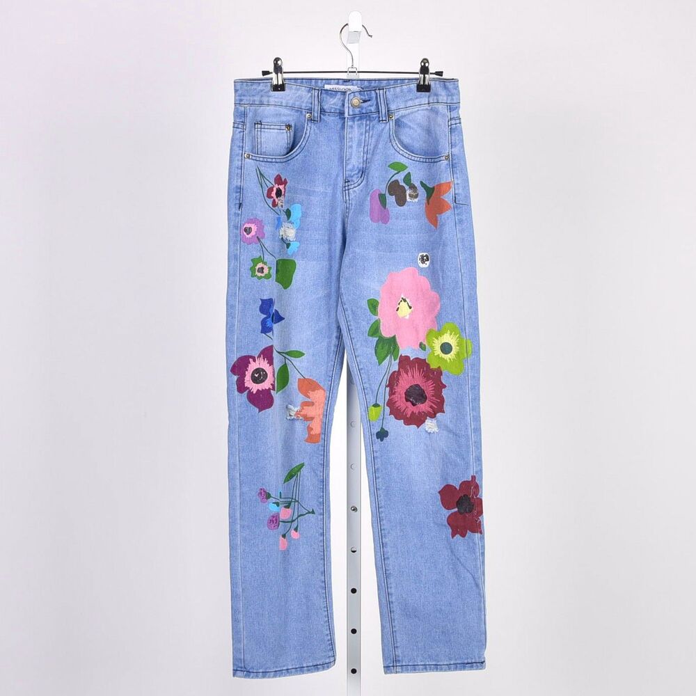 Miss Look 70s Flower Painted Distressed Blue Jeans Hippie Chick Small 30 x 29